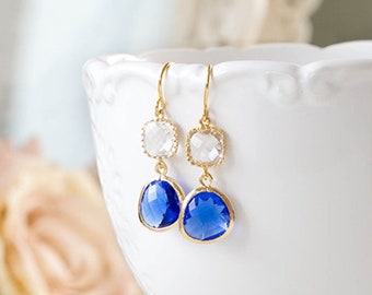 Sapphire Blue Earrings, Cobalt Blue Earrings, Gold Plated Clear Crystal Blue Glass Earrings, Cobalt Blue Wedding Jewelry, Bridesmaid Gift