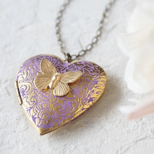 Purple Heart Locket Necklace, Butterfly Locket Necklace, Butterfly Necklace, Gold Heart, Photo Locket, Personalized Gift for Wife Mom