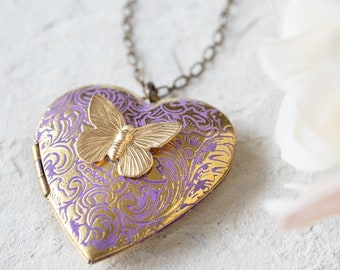Purple Heart Locket Necklace, Butterfly Locket Necklace, Butterfly Necklace, Gold Heart, Photo Locket, Personalized Gift for Wife Mom