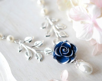 Dark Blue Navy Rose Flower Silver Leaf Branch Cream White Pearl Necklace, Navy Blue Bridal Necklace, Something Blue Wedding Bridesmaid Gift