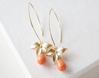 Orange Coral Pearl Earrings, Gold Orchid Flower Dangle Earrings, Coral Wedding Jewelry, Bridesmaid Gift, Gift for Wife Daughter Sister Mom