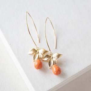 Orange Coral Pearl Earrings, Gold Orchid Flower Dangle Earrings, Coral Wedding Jewelry, Bridesmaid Gift, Gift for Wife Daughter Sister Mom image 1