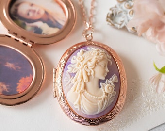 Rose Gold Oval Locket Necklace with Purple Lavender Lady Cameo, Cameo Locket Necklace with Photos, Personalized Jewelry, Gift for Mom Wife