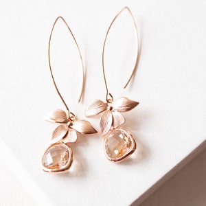 Rose Gold Earrings, Orchid Flower Long Dangle Earrings, Champagne Earrings, Peach Wedding Jewelry, Bridesmaid Gift, Gift for women Her