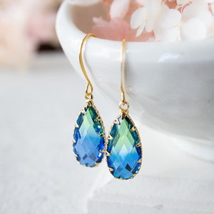 Green and Blue Earrings, Two Tone Vintage Glass Earrings, Gold Dangle Earrings, Teardrop Glass Jewel Earrings, Sparkly Crystal Earrings image 3