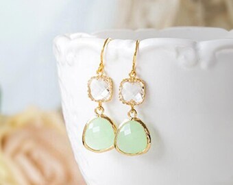 Orecchini pendenti in cristallo trasparente verde menta placcati in oro, orecchini pendenti in vetro verde acqua, gioielli da sposa color menta, orecchini da sposa, regalo per damigella d'onore