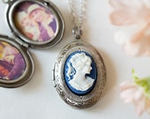Silver Locket Necklace, Blue Lady Cameo Locket Necklace with Personalized Photos, Oval Photo locket, Christmas Gift for Mom Grandma Wife