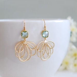 Aqua Blue Earrings in Gold Seafoam Green Dangle Earrings Aqua Wedding Jewelry Bridesmaid Gift March Birthstone Valentines Gift for Her