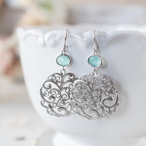 Silver Art Deco Earrings, Aqua Blue Earrings, Mint Blue, Aquamarine Earrings, Filigree Earrings, March Birthstone, Birthday Gift for Her