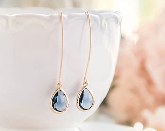 Gold Sapphire Earrings, Navy Blue Wedding Jewelry, Bridesmaid Gift, September Birthstone Jewelry, Birthday Gift for mom wife daughter