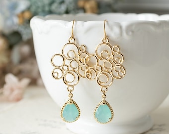 Seafoam Green Crystal Earrings: Gold Filigree Circle Dangle