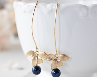 Gold Flower Navy Pearl Dangle Earrings: Bridesmaid Wedding Jewelry