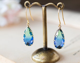 Green and Blue Earrings, Two Tone Vintage Glass Earrings, Gold Dangle Earrings, Teardrop Glass Jewel Earrings, Sparkly Crystal Earrings