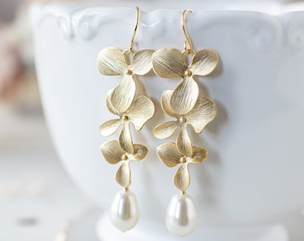 Cream Teardrop Pearl Bridal Earrings, Ivory Pearl Earrings, Gold Cascading Orchid Flower Earrings, White Pearl Wedding Earrings