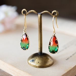 Red and Green Earrings, Vintage Glass Jewel Earrings, Gold Drop Earrings, Teardrop Crystal Earrings, Gift for Women