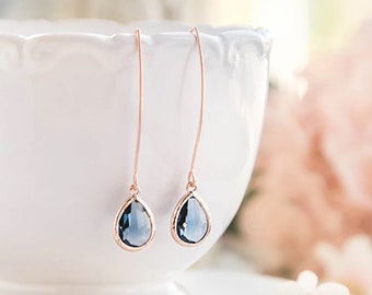 Rose Gold Sapphire Earrings, Navy Blue Wedding Jewelry, Bridesmaid Gift, September Birthstone Jewelry, Birthday Gift for mom wife daughter