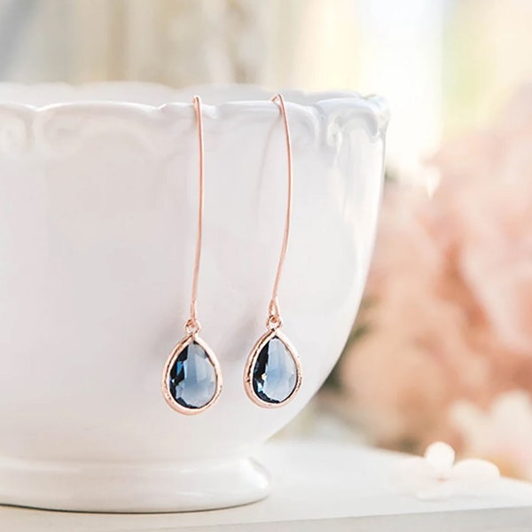 Rose Gold Sapphire Earrings, Navy Blue Wedding Jewelry, Bridesmaid Gift, September Birthstone Jewelry, Birthday Gift for mom wife daughter