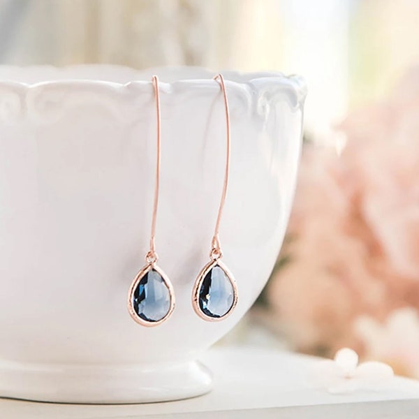 Rose Gold Sapphire Earrings, Navy Blue Wedding Jewelry, Bridesmaid Gift, September Birthstone Jewelry, Birthday Gift for mom wife daughter