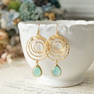 Mint Green Earrings, Seafoam Green Earrings, 18K Gold Circle Hoop Earrings, Gift for Daughter Wife Girlfriend, Bridesmaid Gift