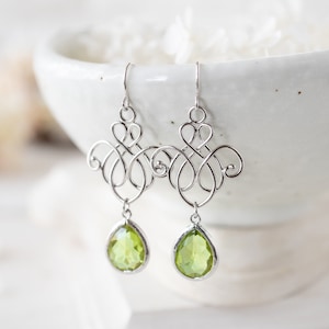 Green Earrings, Silver Filigree Earrings, Peridot Earrings, August Birthstone, Peridot Jewelry, August Birthday Gift for Women