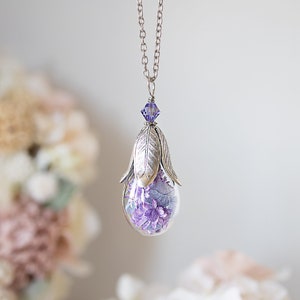 Lavender Purple Real Flower Silver Necklace, Terrarium Necklace, February Birthstone Amethyst Jewelry, Birthday Birthday Gift for Women Girl