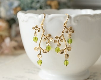 Peridot Green Earrings, Gold Leaf Tree Branch Dangle Earrings, chandelier Earrings, Summer Jewelry, Plant, Nature, August Birthstone