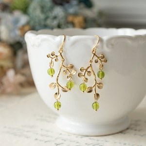 Peridot Green Earrings, Gold Leaf Tree Branch Dangle Earrings, chandelier Earrings, Summer Jewelry, Plant, Nature, August Birthstone
