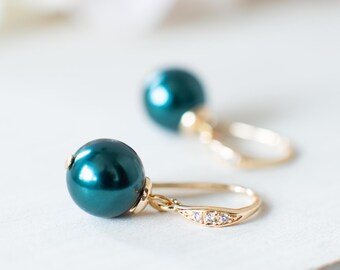 Dark Teal Pearl Earrings with 18K Gold CZ crystal Pave Hooks, Peacock Teal Pearl Jewelry, Bridesmaid Gift