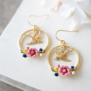 Pink Blue Enamel Flowers Gold Brass Swallow Bird  Hoop Earrings, Enameled Jewelry, Bird Earrings, Gift for Girls, Gift for Girlfriend Wife