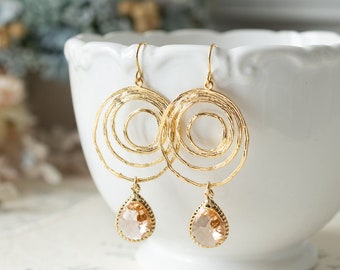 18K Gold Hoop Earrings, Peach Champagne Crystal Earrings, Gold Circle Earrings, Peach Wedding Champagne Wedding Jewelry Bridesmaid Gift