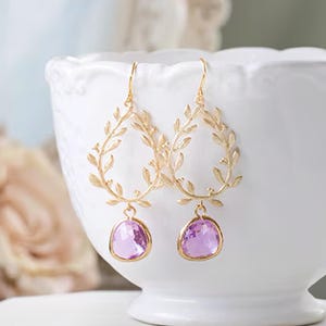 Gold Lavender Earrings Lilac Purple Gold Leaf laurel wreath Earrings Lavender Wedding Jewelry Bridal Earrings Bridal party Bridesmaid gift