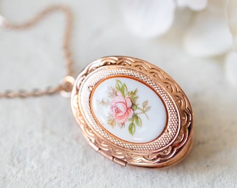 Rose Gold Locket Necklace, Vintage Pink Rose Cameo Locket, Rose Gold Jewelry, Personalized Photo Locket, Gift for Girlfriend, Gift for Her