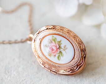 Rose Gold Locket Necklace, Vintage Pink Rose Cameo Locket, Rose Gold Jewelry, Personalized Photo Locket, Gift for Girlfriend, Gift for Her