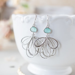 Aqua Mint Blue Earrings, Silver Filigree Art Deco Earrings, Aqua Blue Wedding Bridesmaid Gift, March Birthstone, Birthday Gift for Her Women