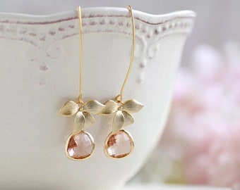 Peach Champagne Gold Orchid Flower Dangle Earrings Peach Champagne Wedding Bridal Earrings Bridesmaid Earrings Gift for her