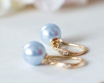 Baby Blue Pearl Earrings with 18K Gold Cubic Zirconia Hooks, Light Blue Pearl Earrings, Bridesmaid Earrings, Wedding Jewelry