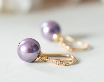 Lavender Purple Pearl Earrings, 18K gold Cubic Zirconia Earrings, Wedding Bridal Jewelry, Bridesmaid Gift