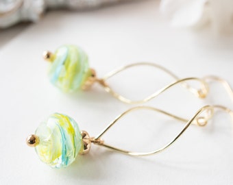 Green Blue Yellow Swirl Lampwork Glass Bead Earrings, 18K Gold Plated Dangle Earrings, Clip On Earrings Available, Gift for daughter sister