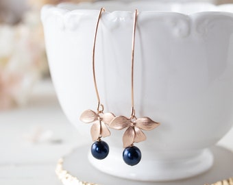 Rose Gold Flower Navy Blue Pearl Long Dangle Earrings, Dark Blue Pearl Drop Earrings, Rose gold Jewelry, Navy Blue Wedding Bridesmaid Gift