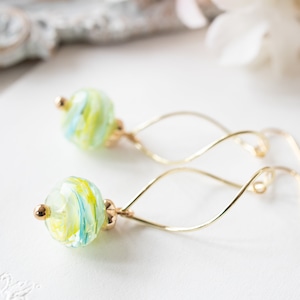 Green Blue Yellow Swirl Lampwork Glass Bead Earrings, 18K Gold Plated Dangle Earrings, Clip On Earrings Available, Gift for daughter sister