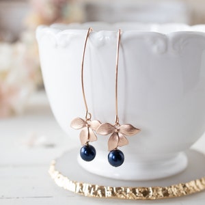 Rose Gold Flower Navy Blue Pearl Long Dangle Earrings, Dark Blue Pearl Drop Earrings, Rose gold Jewelry, Navy Blue Wedding Bridesmaid Gift