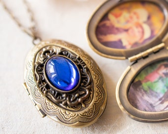 Personalized Photo Locket Necklace:, Vintage Art Deco Sapphire Blue Vintage Jewel Oval Brass Locket