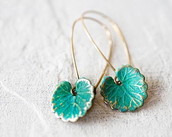 Green Leaf Earrings, Lily Pad Earrings, Verdigris Leaf Earrings, Boho Earrings, Bohemian, Gift for women Gift for mom daughter sister