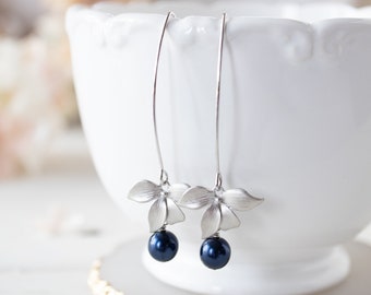 Dark Blue Navy Blue Pearl Earrings, Silver Orchid Flower Long Earrings, Navy Blue Wedding Jewelry, Bridesmaid Gift, Gift for Mom Wife Sister