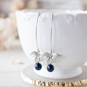 Dark Blue Navy Blue Pearl Earrings, Silver Orchid Flower Long Earrings, Navy Blue Wedding Jewelry, Bridesmaid Gift, Gift for Mom Wife Sister