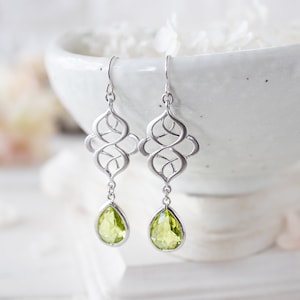 Peridot Green Earrings, Light Green Earrings, Silver Celtic Knot Earrings, August Birthstone Jewelry, Birthday Gift for Her, Green Wedding