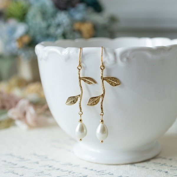 Gold Leaf Branch Earrings, White Pearl Earrings, Bridal Earrings, Wedding Jewelry, Maid of Honor Bridesmaid Gift, June Birthstone Jewelry