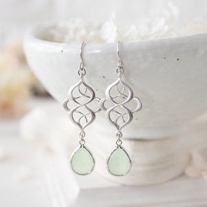 Mint Green Earrings, Seafoam Green Earrings, Light Green Earrings, Silver Celtic Knot Earrings, Mint Green Wedding Bridesmaid Gift