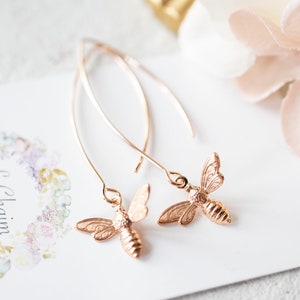 Rose Gold Bee Earrings, Bee Jewelry, Honey Bee Earrings, Bumble Bee Earrings, Rose gold Long Dangle Earrings, Gift for Bee Lover Bee Keeper