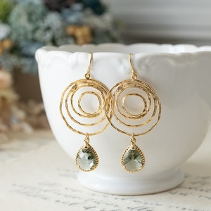 18K Gold Hoop Earrings: Gray Crystal Drop, Boho Statement Earrings
